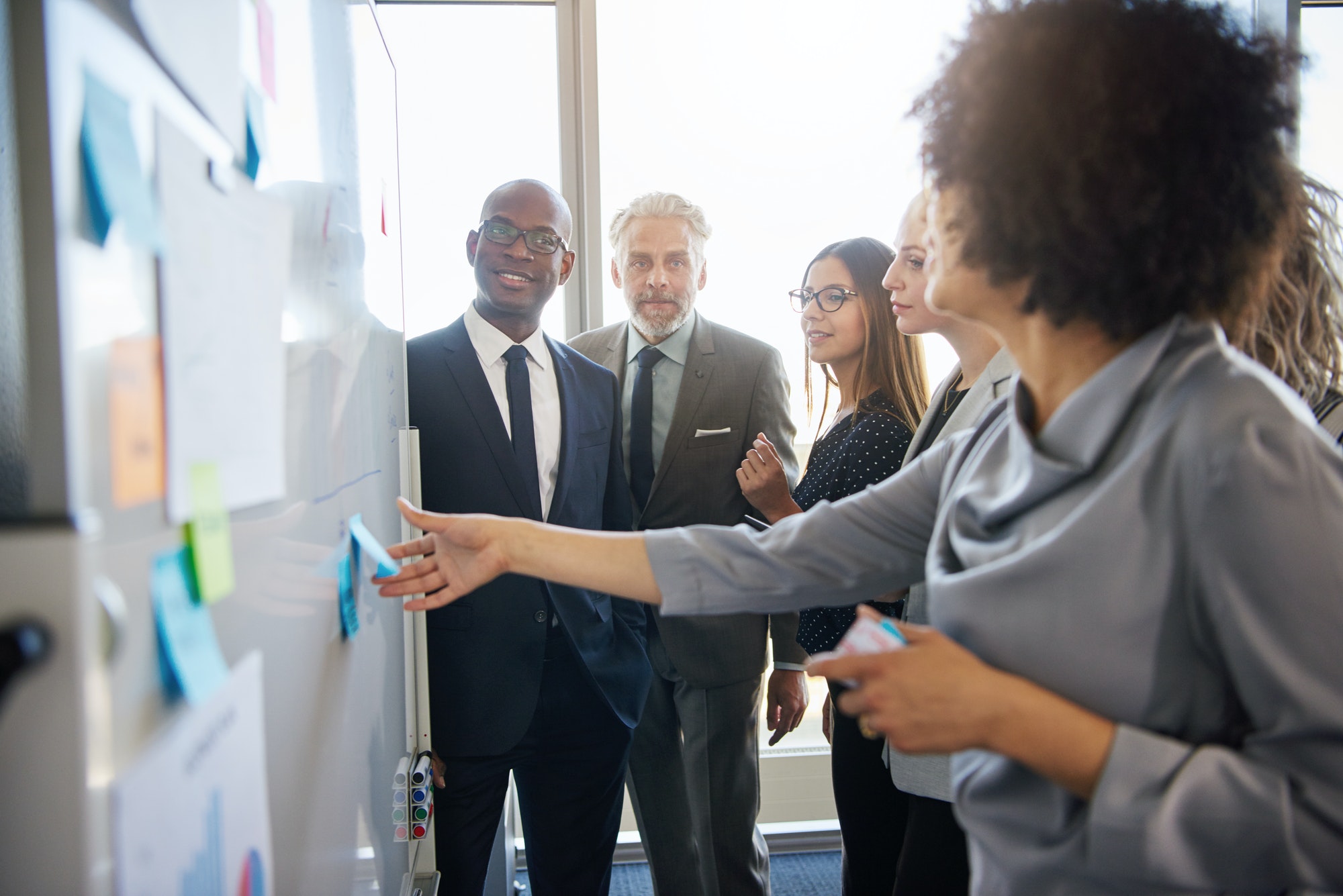 Group of mixed business people having a meeting using a white board